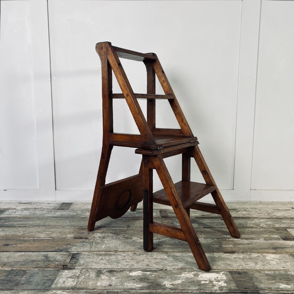 Early 20th C. Oak Metamorphic Chair, Library Steps View VIII
