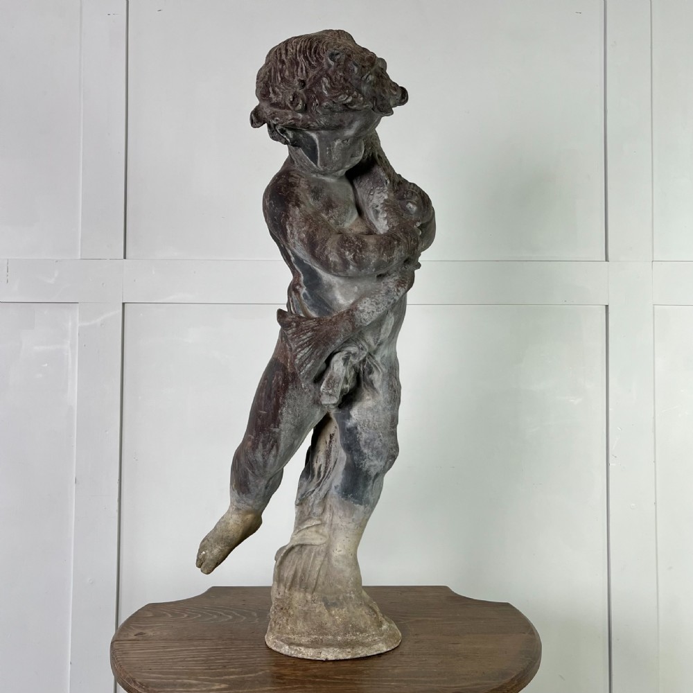 Large 19th C. Lead Water Fountain Figure of Boy with Fish View III