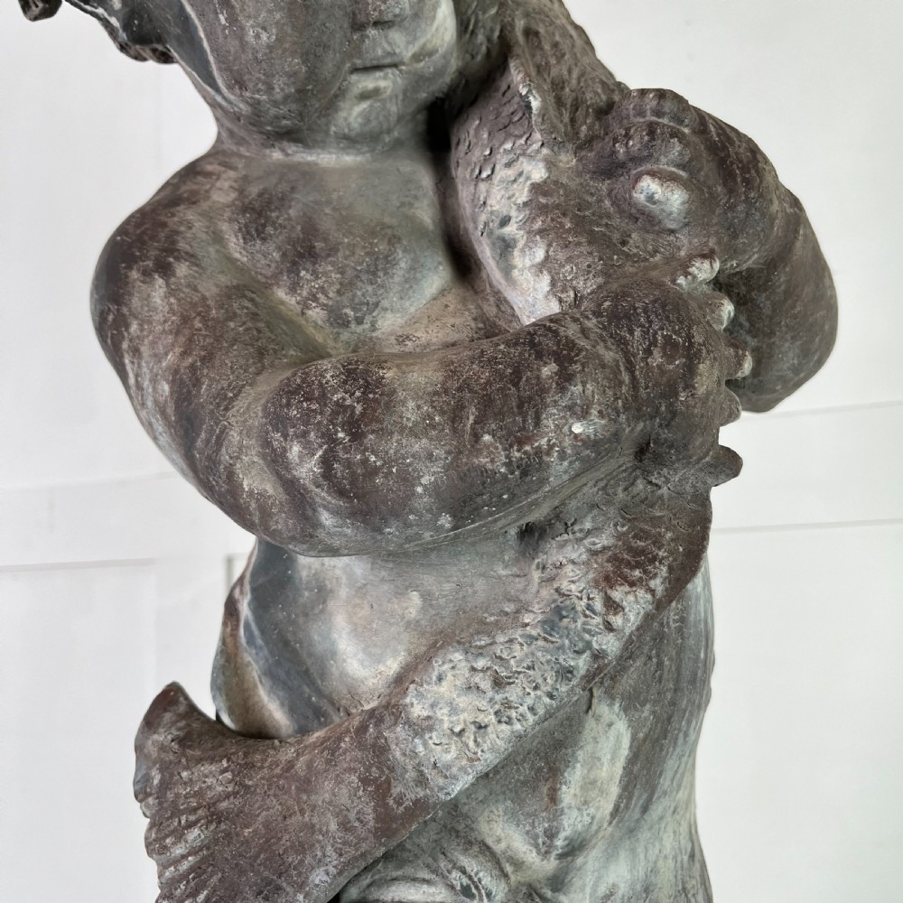 Large 19th C. Lead Water Fountain Figure of Boy with Fish View V