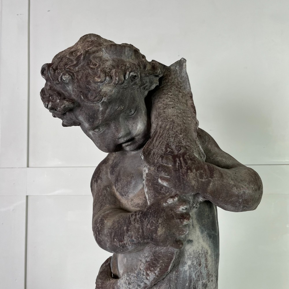 Large 19th C. Lead Water Fountain Figure of Boy with Fish View XII