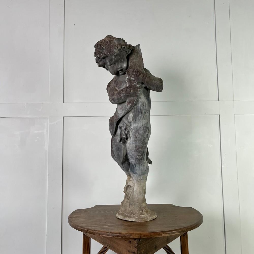 Large 19th C. Lead Water Fountain Figure of Boy with Fish View XIII