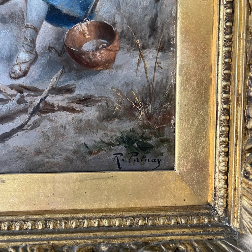 A pair of matching 19th-century oil paintings on board depicting rural peasant scenes in ornate carved gold gilt frames. View V