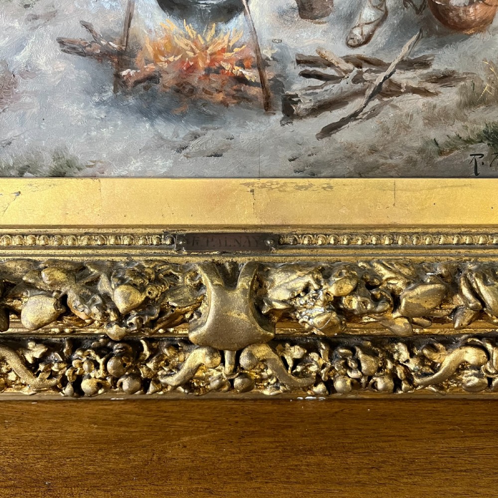 A pair of matching 19th-century oil paintings on board depicting rural peasant scenes in ornate carved gold gilt frames. View XI