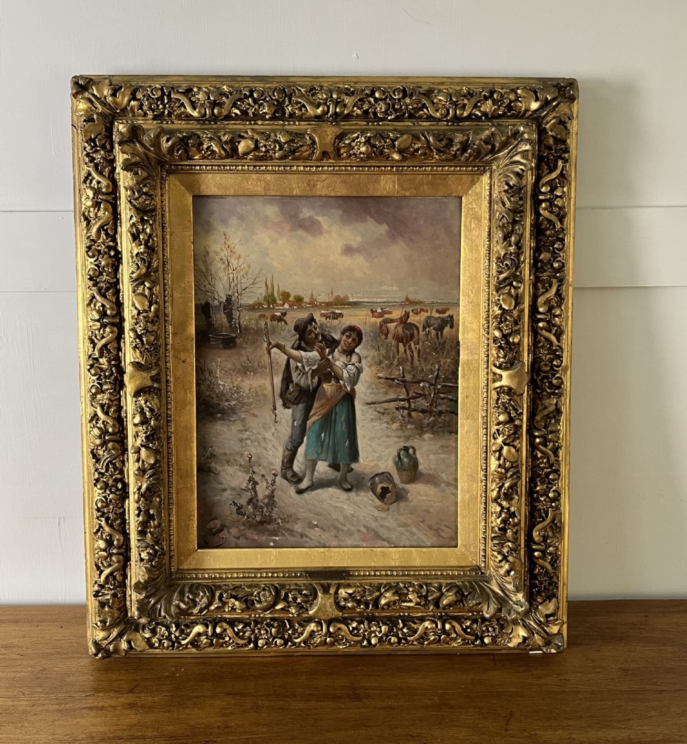 A pair of matching 19th-century oil paintings on board depicting rural peasant scenes in ornate carved gold gilt frames. View XIII
