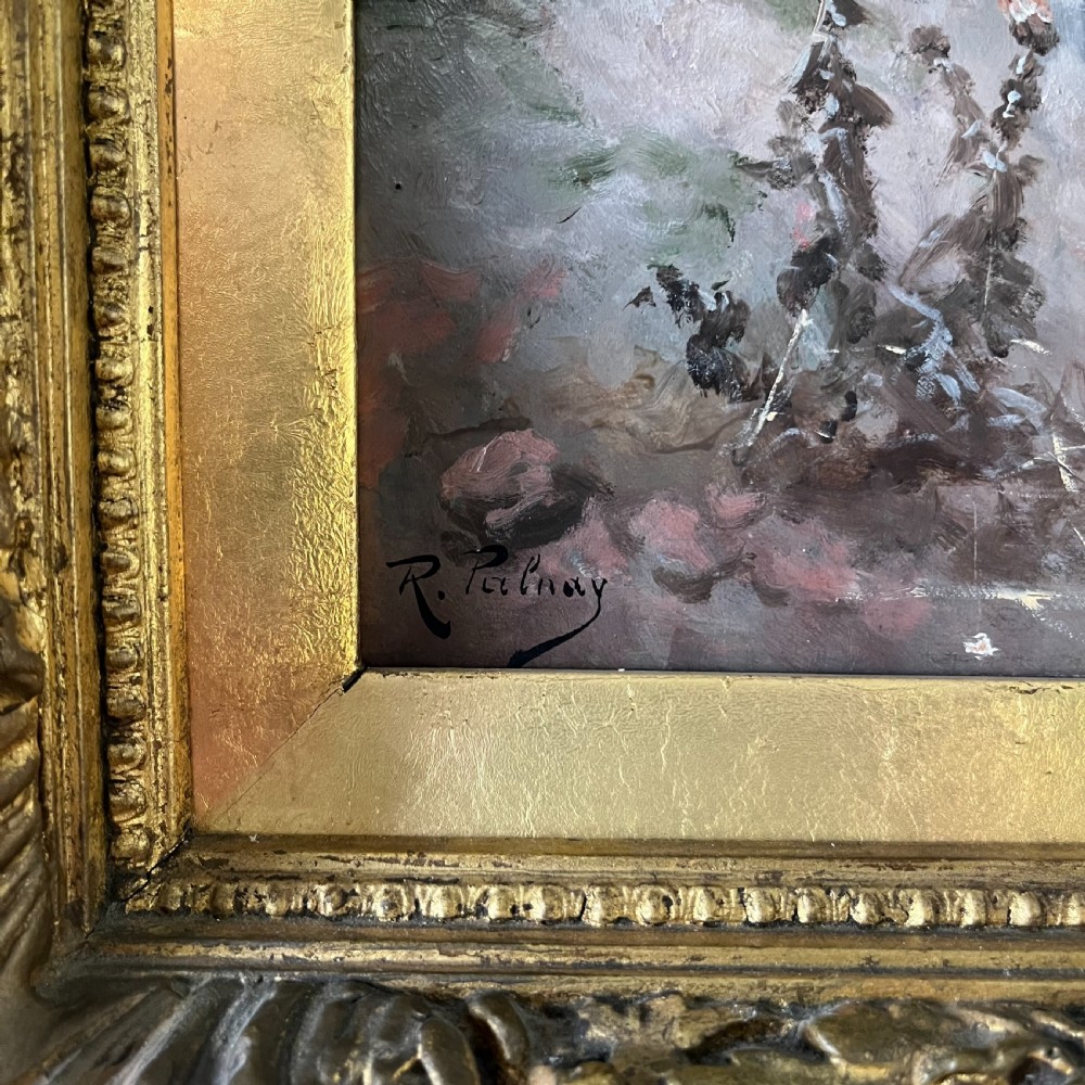 A pair of matching 19th-century oil paintings on board depicting rural peasant scenes in ornate carved gold gilt frames. View XV
