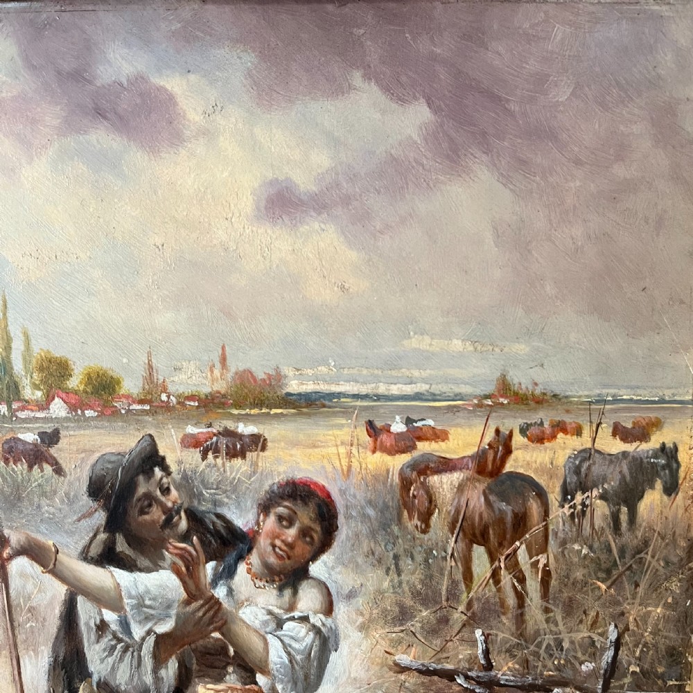 A pair of matching 19th-century oil paintings on board depicting rural peasant scenes in ornate carved gold gilt frames. View XVI