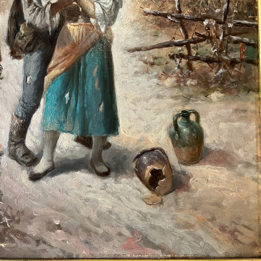 A pair of matching 19th-century oil paintings on board depicting rural peasant scenes in ornate carved gold gilt frames. View XVII