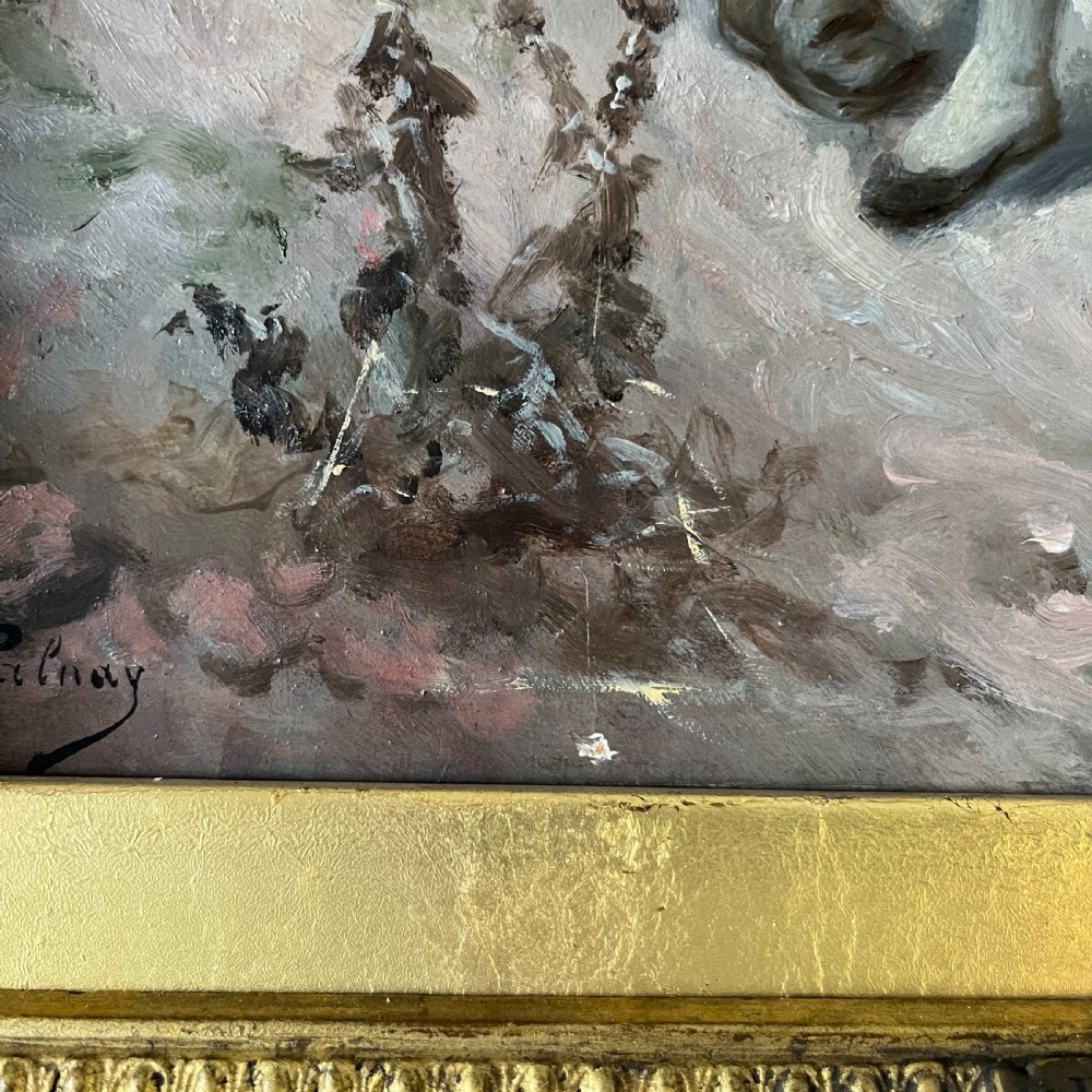 A pair of matching 19th-century oil paintings on board depicting rural peasant scenes in ornate carved gold gilt frames. View XVIII