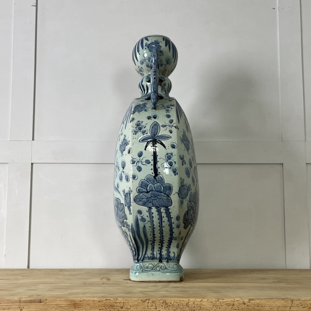 An extra large blue and white Chinese style porcelain moon flask decorated with a carp among lotus blossoms and styled with twin dragon handles. View VII