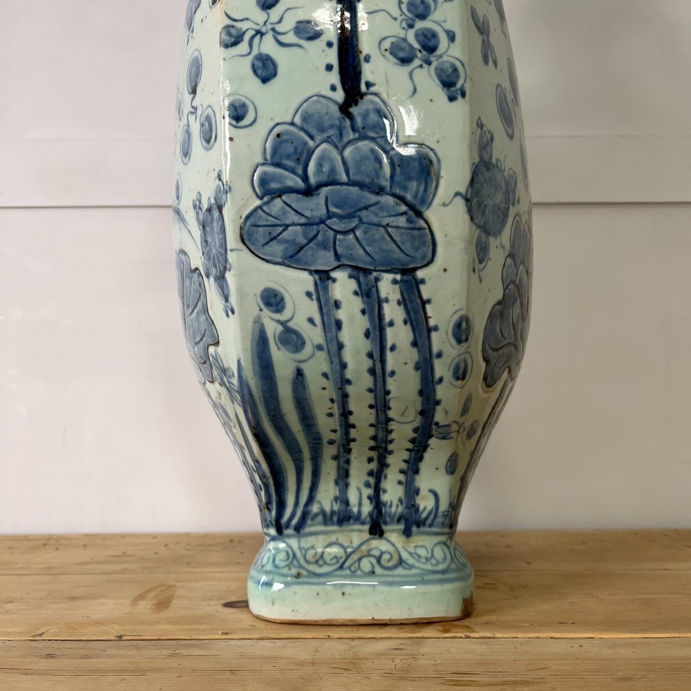 An extra large blue and white Chinese style porcelain moon flask decorated with a carp among lotus blossoms and styled with twin dragon handles. View VIII
