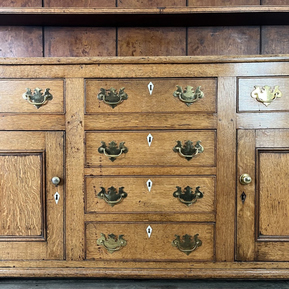 An early nineteenth-century oak kitchen dresser featuring an open upper plate rack over a base with central drawers and side cupboard doors with brass hardware. View VI