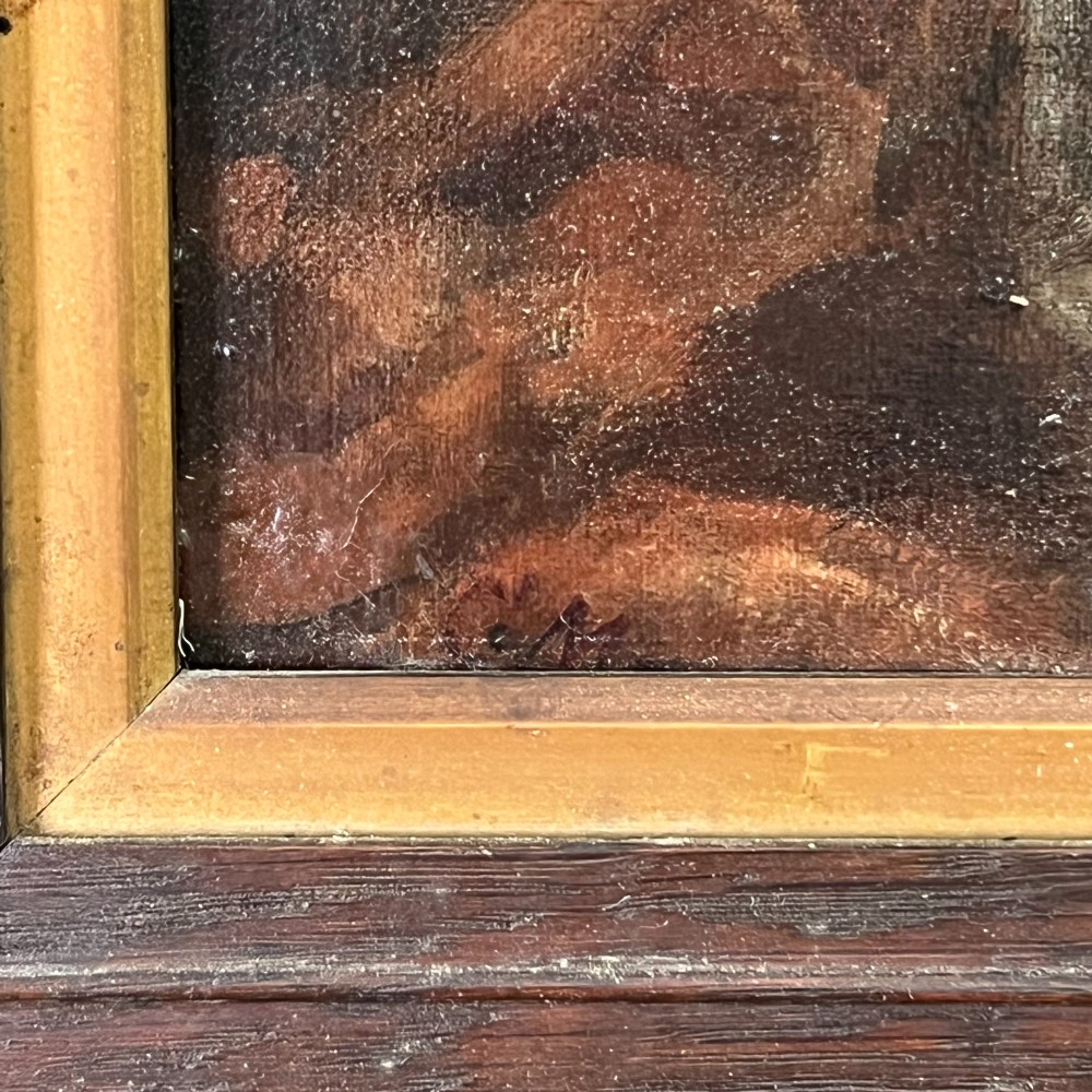 An Edwardian oil painting on canvas featuring a seated young girl in a cream lace-collared dress, housed in a dark wooden frame with a gold inner slip. View VIII
