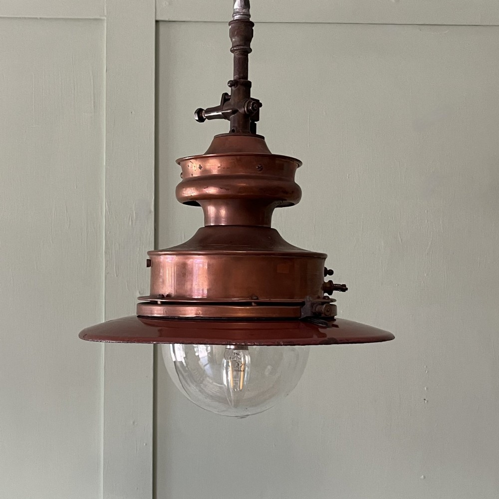 A Victorian copper hanging lantern featuring a stepped metal body, hanging chain, and a clear glass bowl shade. View II