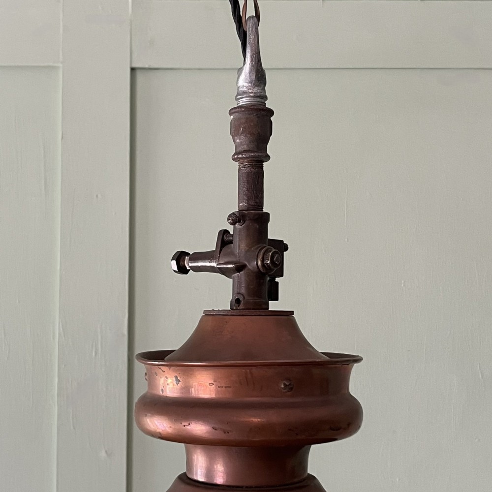 A Victorian copper hanging lantern featuring a stepped metal body, hanging chain, and a clear glass bowl shade. View III
