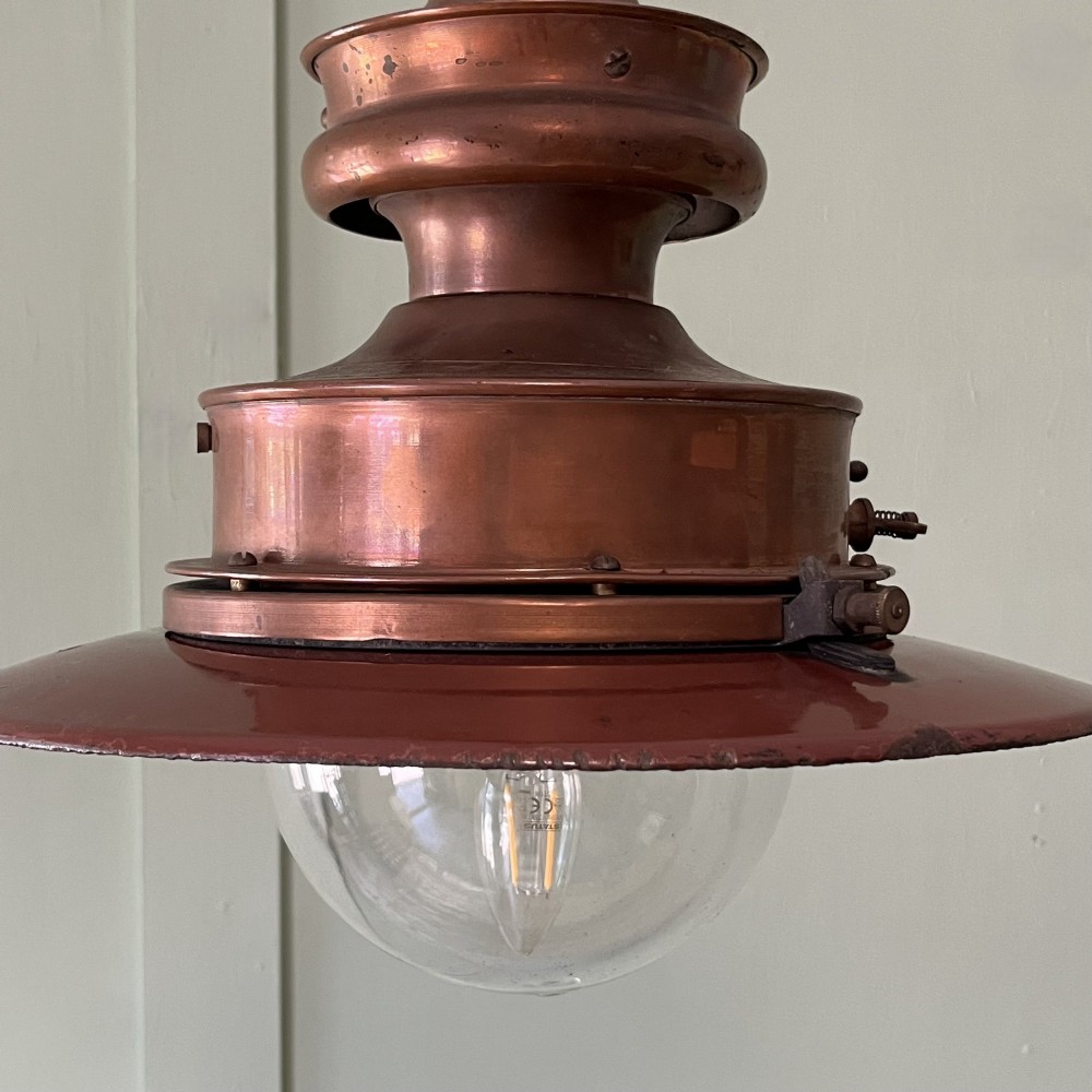 A Victorian copper hanging lantern featuring a stepped metal body, hanging chain, and a clear glass bowl shade. View IV