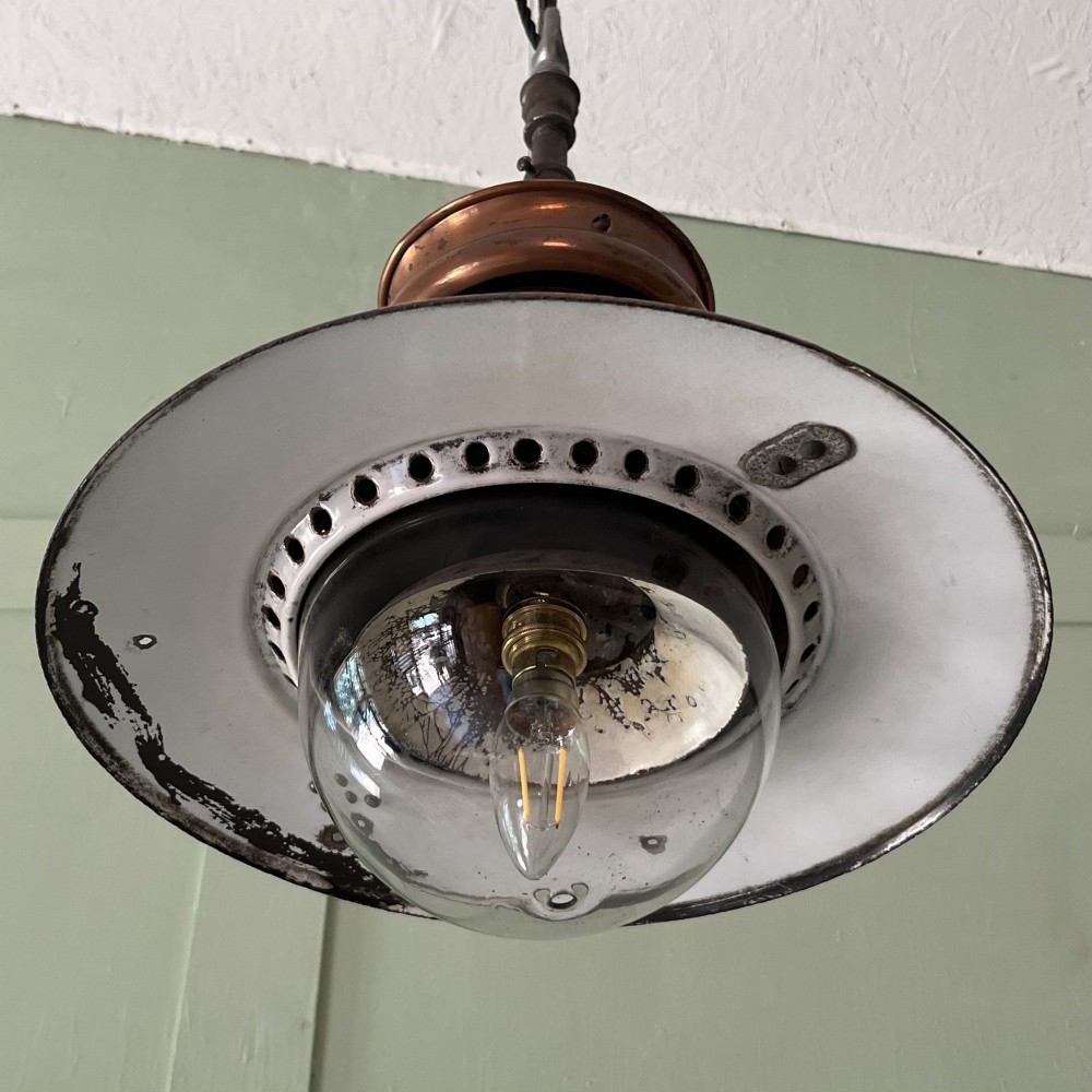 A Victorian copper hanging lantern featuring a stepped metal body, hanging chain, and a clear glass bowl shade. View V