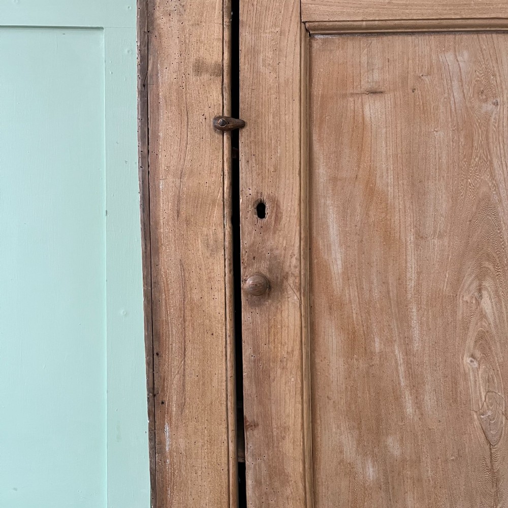 An 18th-century Welsh standing elm food cupboard featuring twin panelled doors open to reveal multiple interior shelves set against a pale background. View V