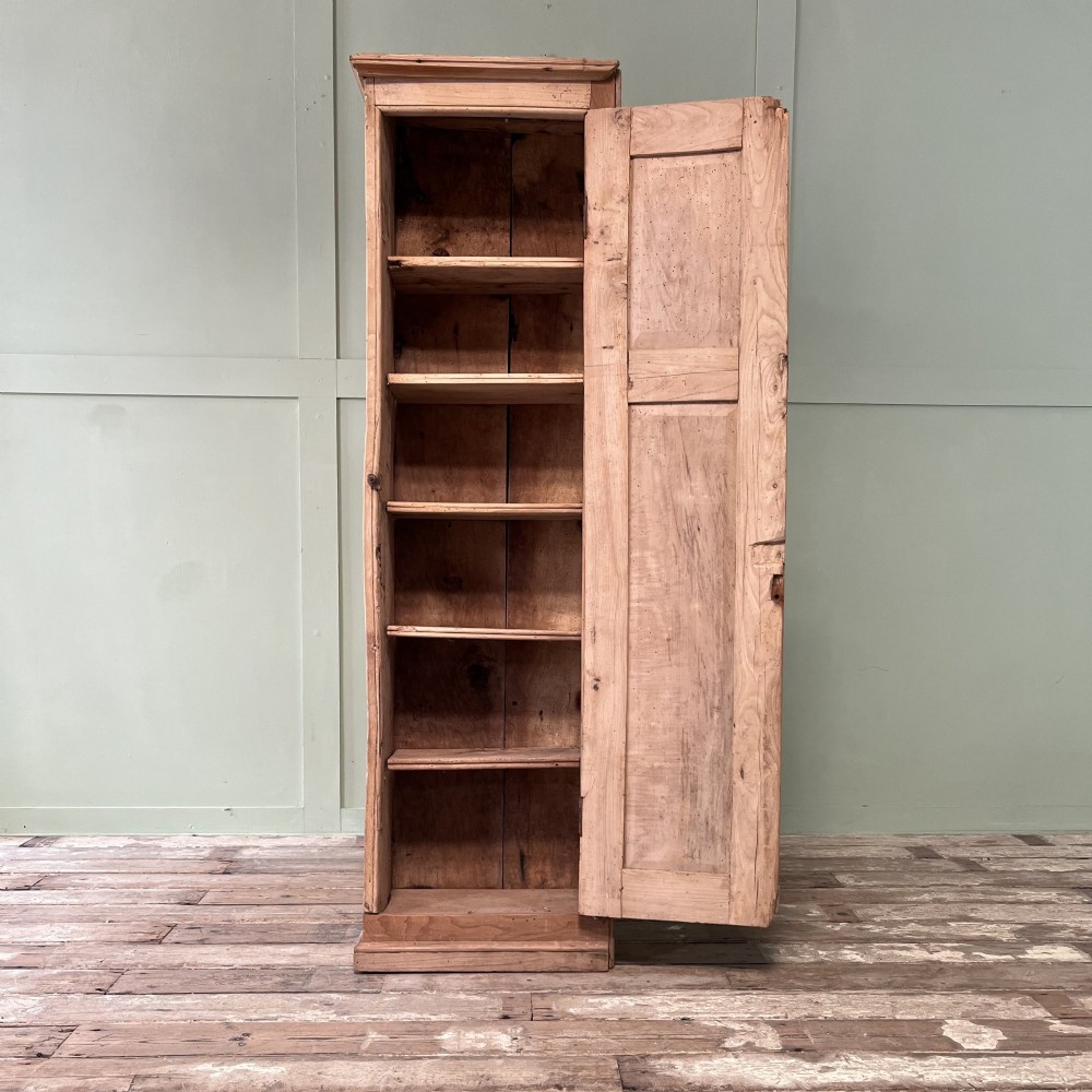 An 18th-century Welsh standing elm food cupboard featuring twin panelled doors open to reveal multiple interior shelves set against a pale background. View IX