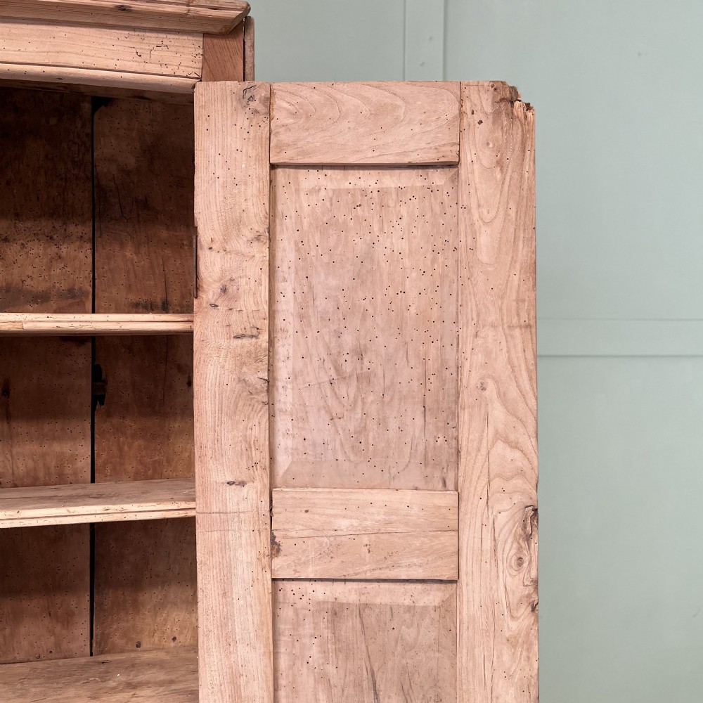 An 18th-century Welsh standing elm food cupboard featuring twin panelled doors open to reveal multiple interior shelves set against a pale background. View X