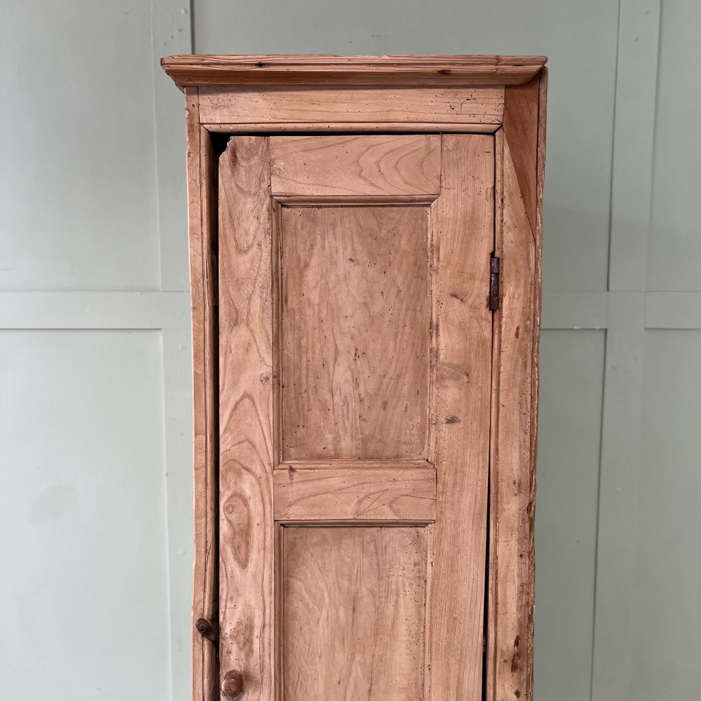 An 18th-century Welsh standing elm food cupboard featuring twin panelled doors open to reveal multiple interior shelves set against a pale background. View XI