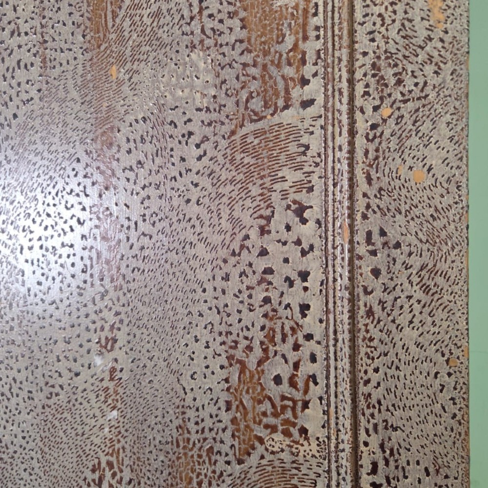 A tall late Georgian painted pine housekeepers cupboard featuring panelled upper doors and three lower drawers on turned feet. View XI