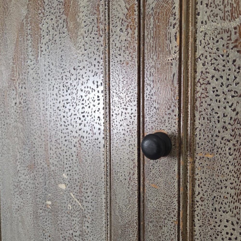 A tall late Georgian painted pine housekeepers cupboard featuring panelled upper doors and three lower drawers on turned feet. View XIII
