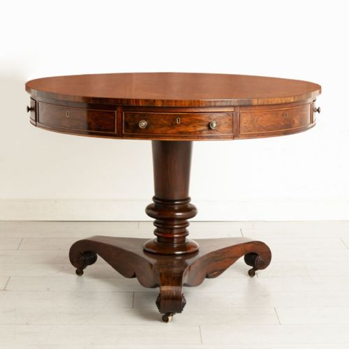 regency rosewood drum table with mahogany lined drawers brass knobs c1820 - CATEGORY: ANTIQUE TABLES - DATED REGENCY