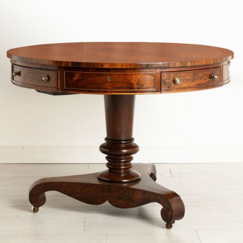 REGENCY ROSEWOOD DRUM TABLE WITH MAHOGANY LINED DRAWERS BRASS KNOBS C1820 - ADDITIONAL PHOTO 5