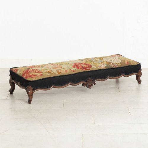 VICTORIAN LOW FOOTSTOOL IN WALNUT WITH CABRIOLE LEGS ORIGINAL FABRIC