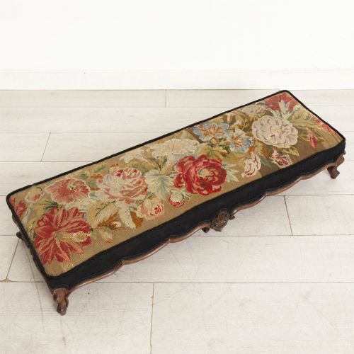 VICTORIAN LOW FOOTSTOOL IN WALNUT WITH CABRIOLE LEGS ORIGINAL FABRIC - ADDITIONAL PHOTO 1