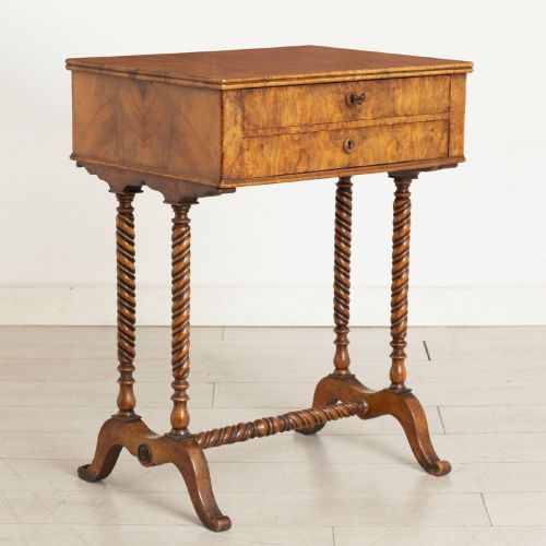 Two Drawer English Burr Walnut Veneer Sewing Table