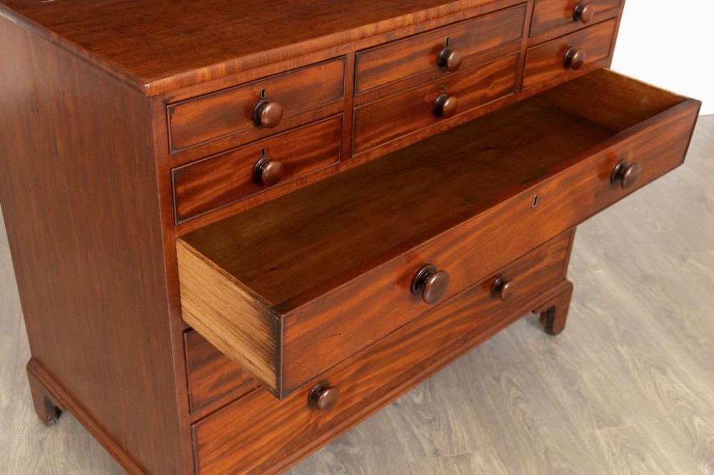 A Georgian mahogany chest of drawers featuring multiple small upper drawers above three full-width lower drawers, supported on shaped bracket feet with turned knob handles. View III