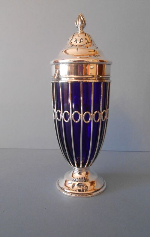 beautiful antique solid silver and glass sugar dredger - CATEGORY: ANTIQUE SILVER - DATED 1910