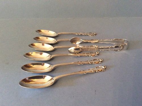 set of antique silver teaspoons and sugar tongs - CATEGORY: ANTIQUE SILVER - DATED 1910