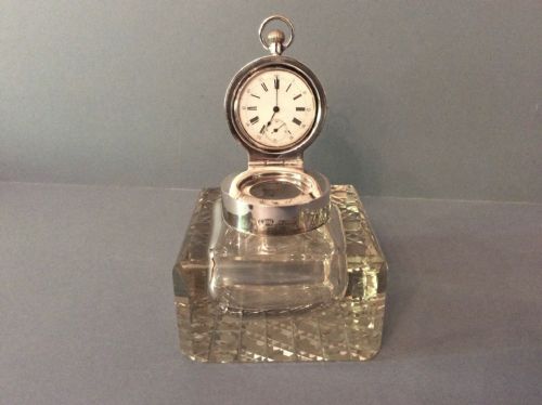 antique edwardian silver pocket watch holder and ink well - CATEGORY: ANTIQUE SILVER - DATED EDWARDIAN