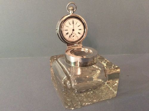 ANTIQUE EDWARDIAN SILVER POCKET WATCH HOLDER AND INK WELL - ADDITIONAL PHOTO 1
