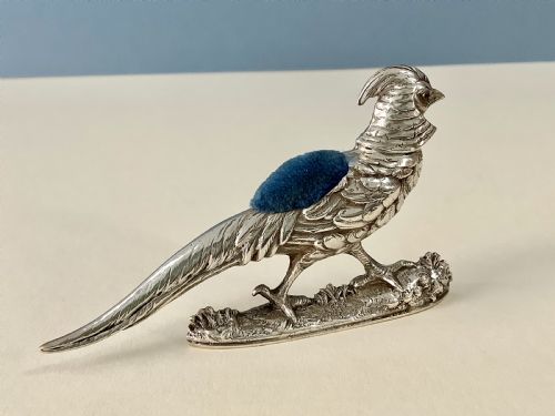antique victorian silver pin cushion golden pheasant - CATEGORY: ANTIQUE SILVER - DATED EDWARDIAN