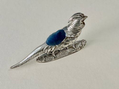ANTIQUE VICTORIAN SILVER PIN CUSHION GOLDEN PHEASANT - ADDITIONAL PHOTO 5