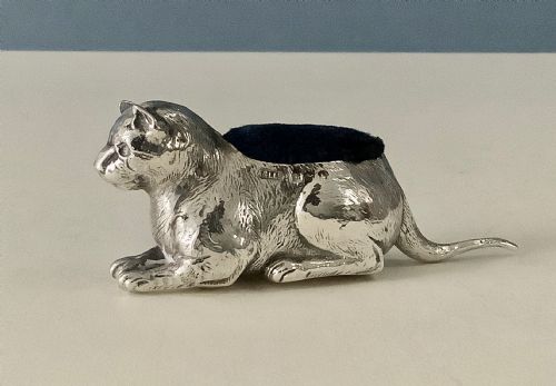 Antique Silver Pin Cushion - Cat