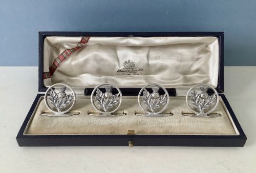 cased set of antique silver thistle menu holders - CATEGORY: ANTIQUE SILVER - DATED 1930
