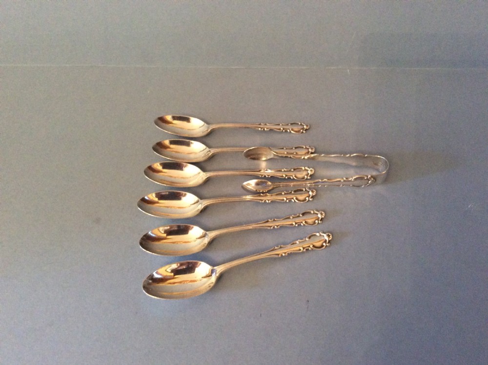 Set of Antique Silver Teaspoons and Sugar Tongs View II
