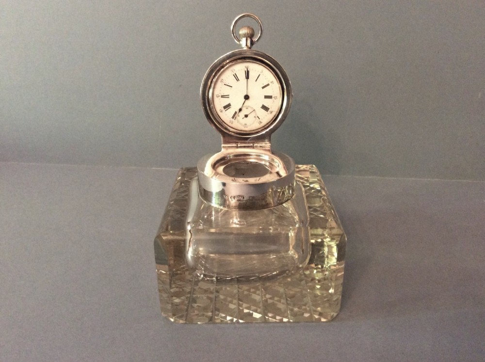 Antique Edwardian Silver Pocket Watch Holder and Ink Well