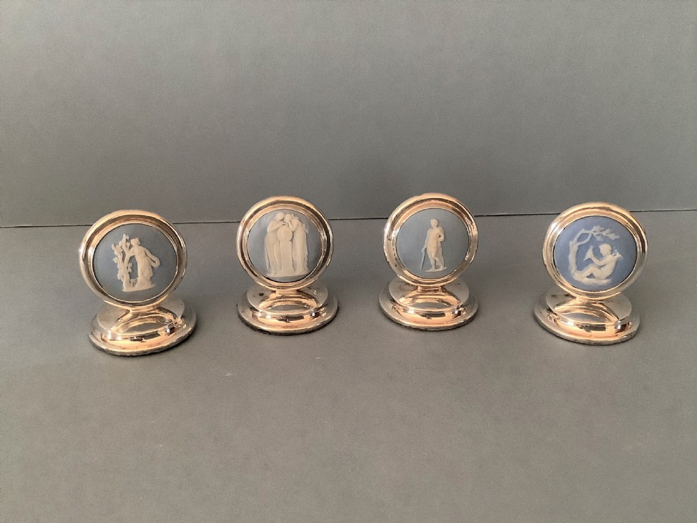 Set of 4 Antique Silver & Wedgwood Menu Holders