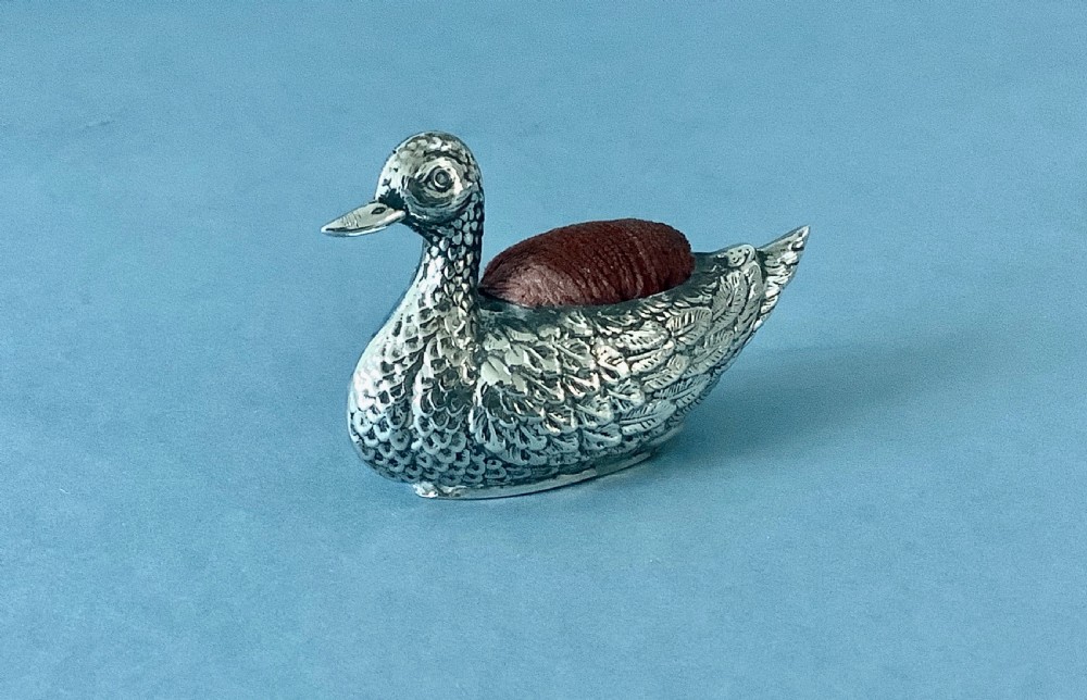Antique Edwardian Silver Duck Pin Cushion View II