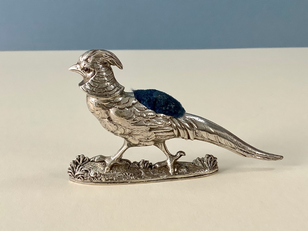 Antique Victorian Silver Pin Cushion - Golden Pheasant View II