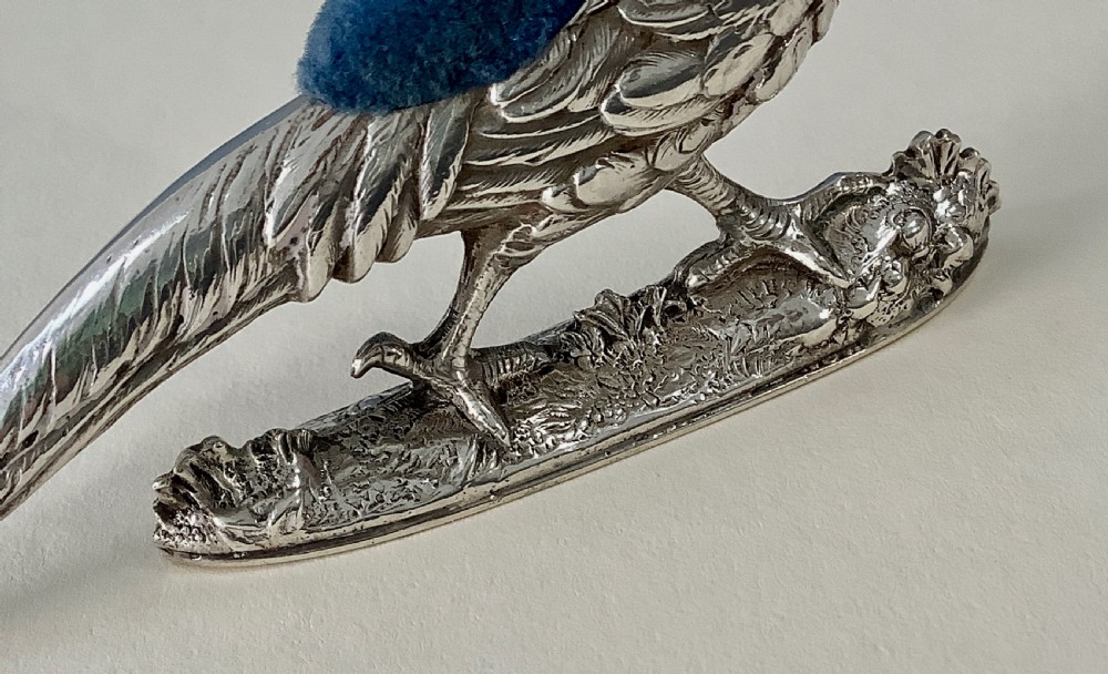 Antique Victorian Silver Pin Cushion - Golden Pheasant View III