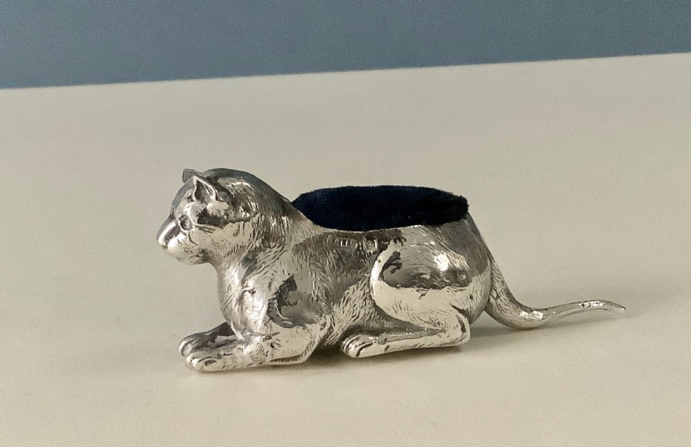 Antique Silver Pin Cushion - Cat View V
