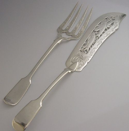 Stunning English Victorian Solid Sterling Silver Fish Servers Set 1854 Antique 238g