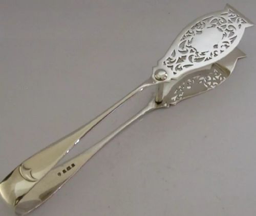 Large Heavy 222g Sterling Silver Art Nouveau Serving Tongs 1909 Antique