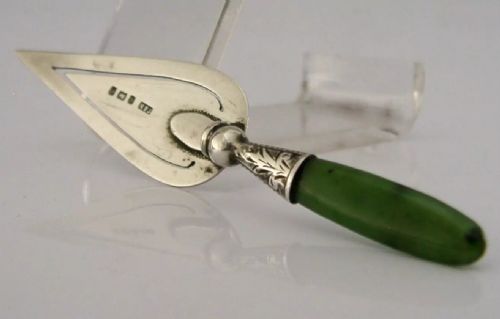 Rare English Sterling Silver New Zealand Jade Trowel Bookmark Page Marker 1904